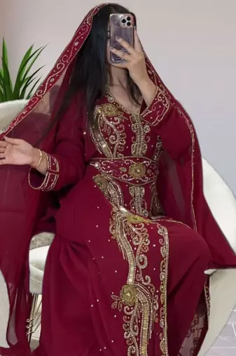 Luxurious Maroon Kaftan Gown with Gold Zari Work | Wedding & Formal Event Wear
