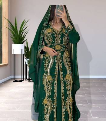 Luxurious Emerald Green Kaftan Gown with Gold Zari Work | Wedding & Formal Event Wear 1