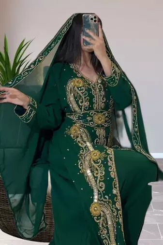 Luxurious Emerald Green Kaftan Gown with Gold Zari Work | Wedding & Formal Event Wear