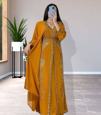 Grand Mustard Yellow Kaftan Gown with Heavy Gold Zari & Beaded Work | Event Dress 1