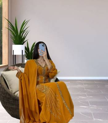 Grand Mustard Yellow Kaftan Gown with Heavy Gold Zari & Beaded Work | Event Dress 2