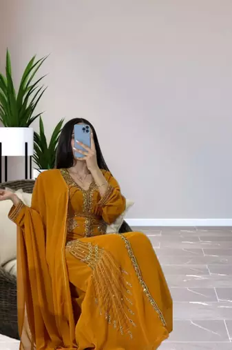 Grand Mustard Yellow Kaftan Gown with Heavy Gold Zari & Beaded Work | Event Dress