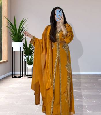 Grand Mustard Yellow Kaftan Gown with Heavy Gold Zari & Beaded Work | Event Dress 3