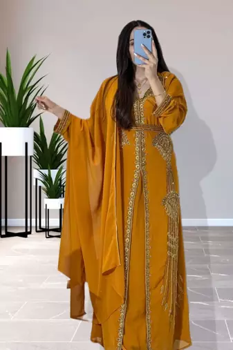 Grand Mustard Yellow Kaftan Gown with Heavy Gold Zari & Beaded Work | Event Dress
