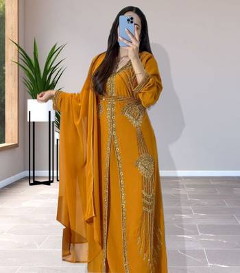 Grand Mustard Yellow Kaftan Gown with Heavy Gold Zari & Beaded Work | Event Dress 4
