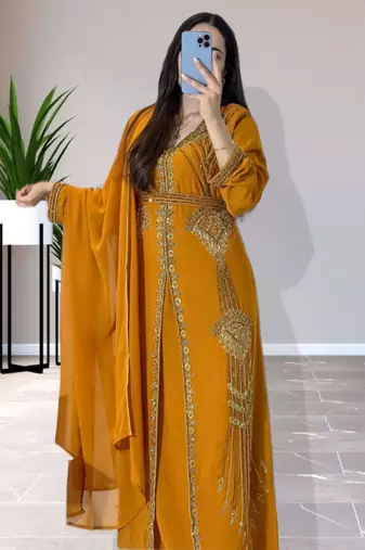 Grand Mustard Yellow Kaftan Gown with Heavy Gold Zari & Beaded Work | Event Dress