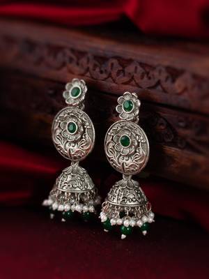 Classy latest oxidised green stone studded chandbali earrings for women and girls 1