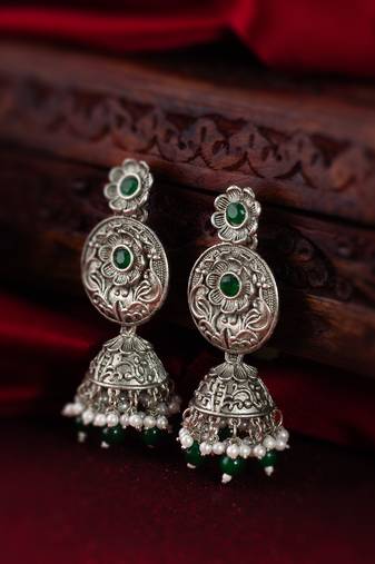 Classy latest oxidised green stone studded chandbali earrings for women and girls