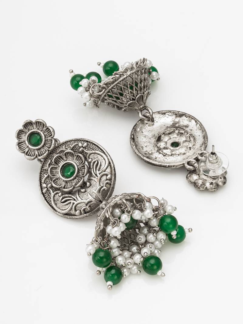 Classy latest oxidised green stone studded chandbali earrings for women and girls