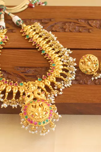 Gold platted peacock temple kempu necklace set