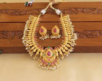 Gold platted peacock kempu necklace set 1
