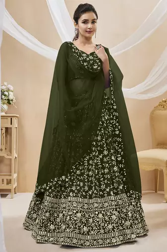 bewitching green embroidered georgette mehendi lehenga set choli with dupatta
