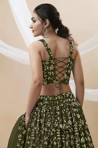 bewitching green embroidered georgette mehendi lehenga set choli with dupatta