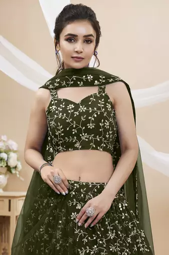 bewitching green embroidered georgette mehendi lehenga set choli with dupatta