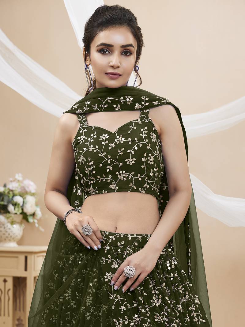 Bewitching Green Embroidered Georgette Mehendi Wear Lehenga Choli