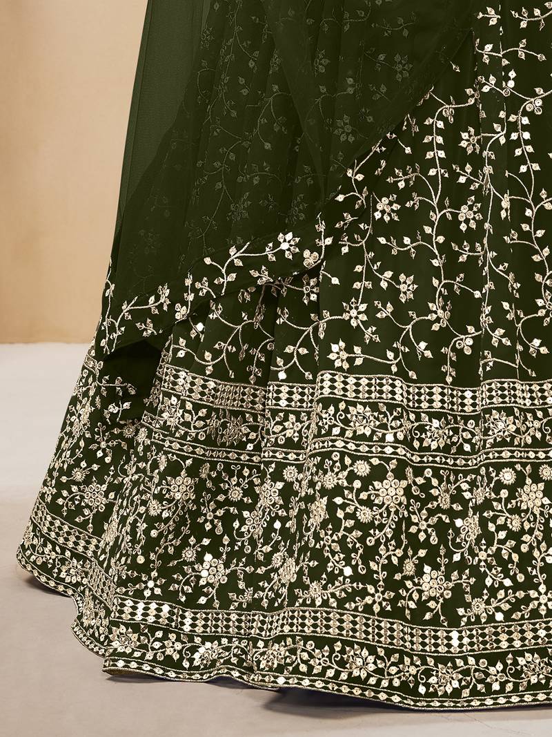 Bewitching Green Embroidered Georgette Mehendi Wear Lehenga Choli