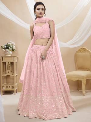 Baby Pink Georgette Sequin Thread Work Lehenga Choli Set 1