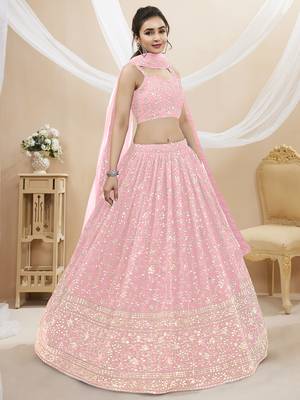 Baby Pink Georgette Sequin Thread Work Lehenga Choli Set 2