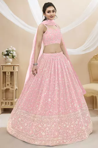 Baby Pink Georgette Sequin Thread Work Lehenga Choli Set