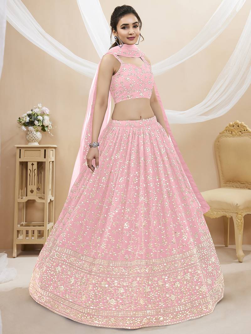 Baby Pink Georgette Sequin Thread Work Lehenga Choli Set