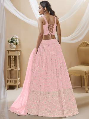 Baby Pink Georgette Sequin Thread Work Lehenga Choli Set 3
