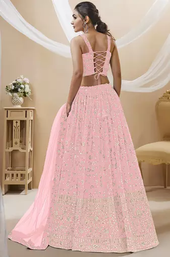 Baby Pink Georgette Sequin Thread Work Lehenga Choli Set