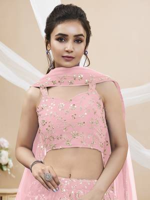 Baby Pink Georgette Sequin Thread Work Lehenga Choli Set 4