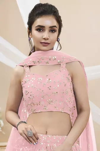 Baby Pink Georgette Sequin Thread Work Lehenga Choli Set