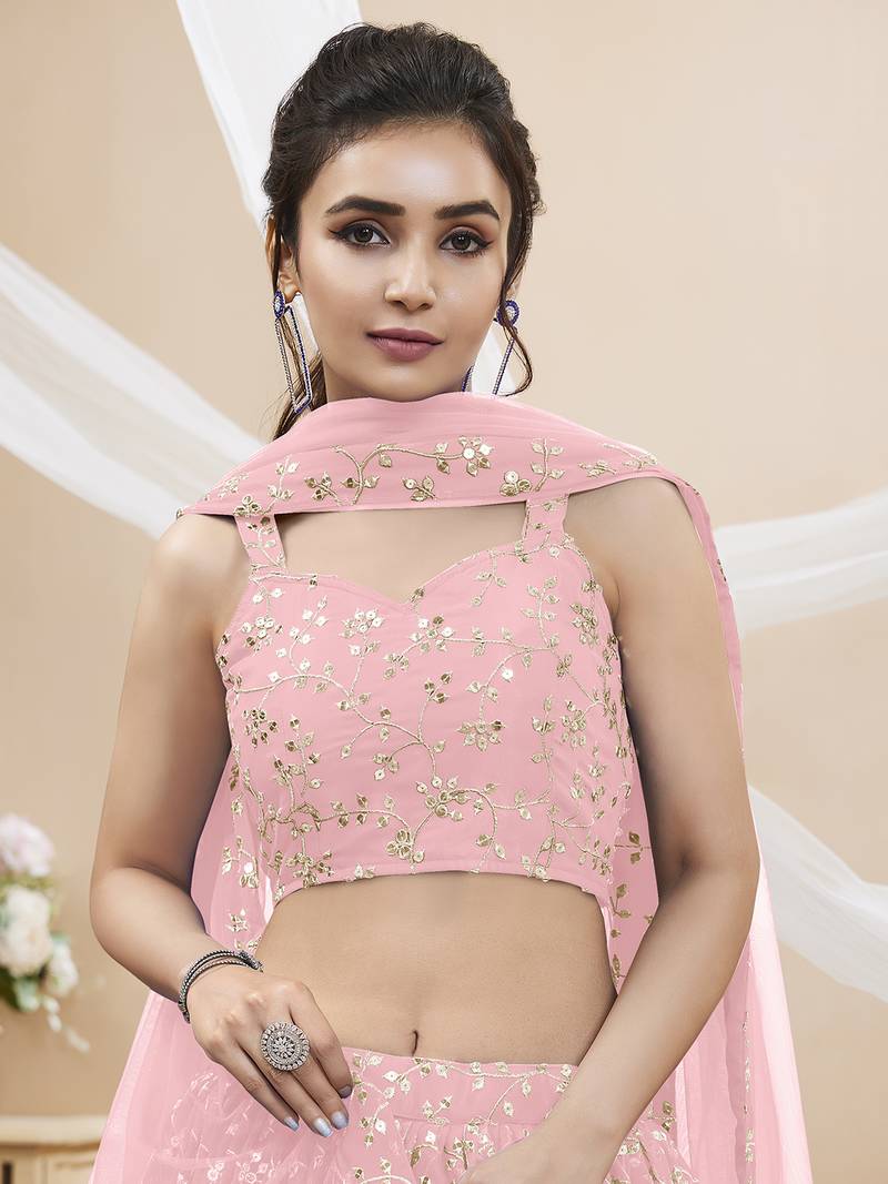 Baby Pink Georgette Sequin Thread Work Lehenga Choli Set