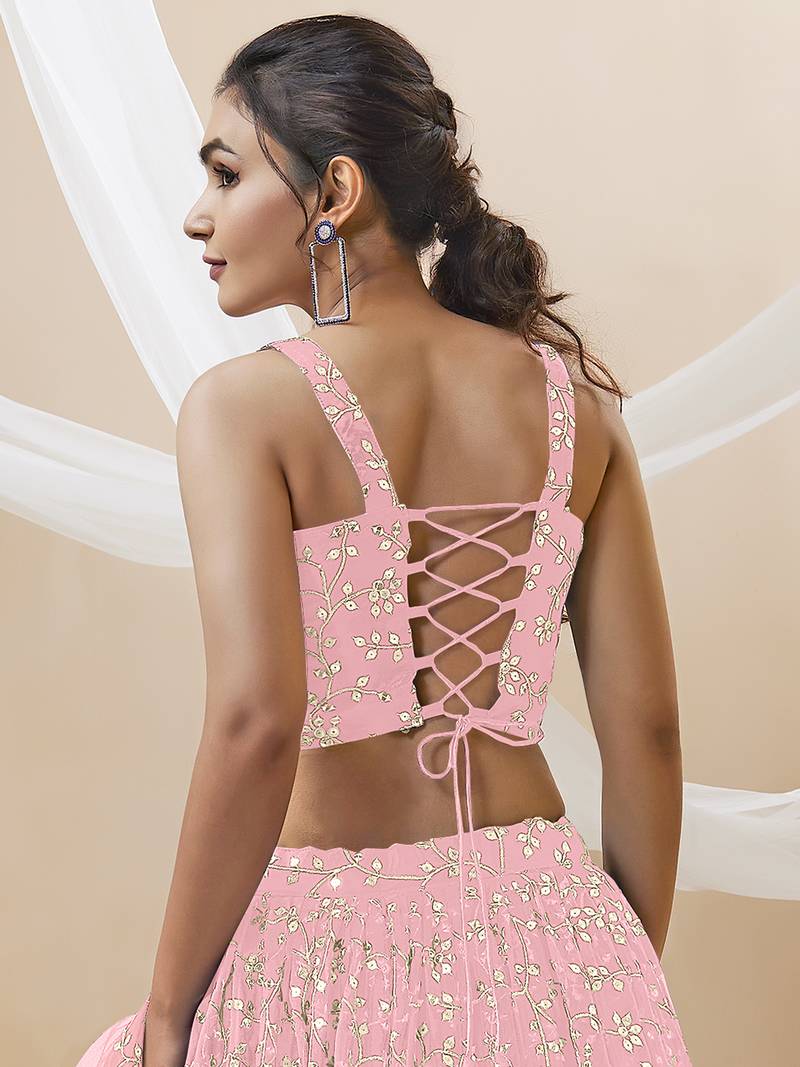 Baby Pink Georgette Sequin Thread Work Lehenga Choli Set