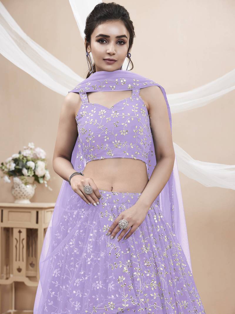 Enchanting Lavender Sequins Georgette Lehenga Choli With Dupatta