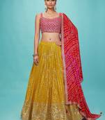 Yellow Georgette Mirror Embroidered Work Lehenga with Pink Blouse and Dupatta 