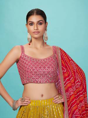 yellow georgette mirror embroidered work lehenga with pink blouse and dupatta 2