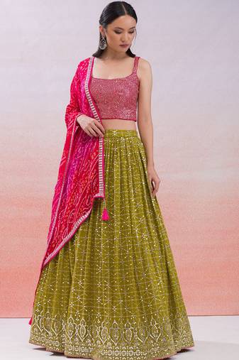  mustard sequins georgette haldi lehenga set choli with dupatta