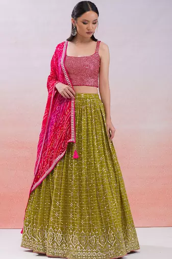  mustard sequins georgette haldi lehenga set choli with dupatta