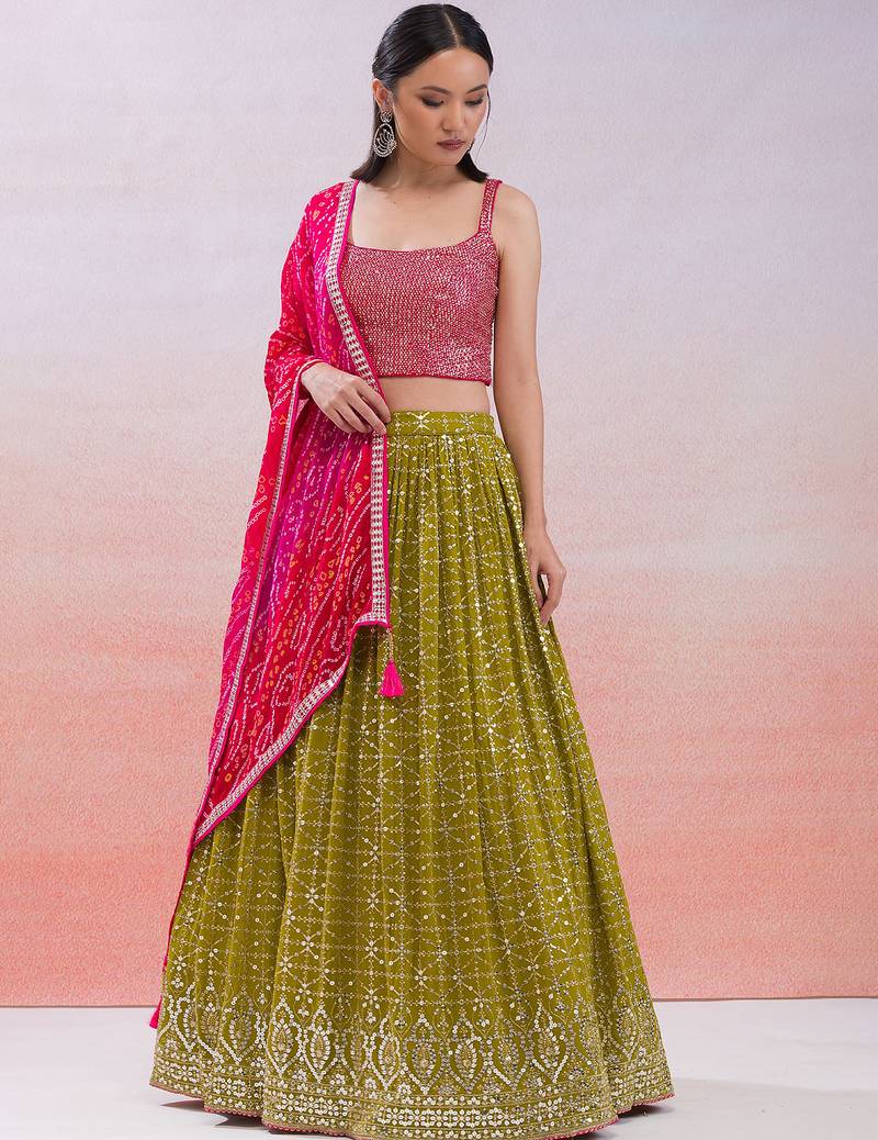  mustard sequins georgette haldi lehenga set choli with dupatta