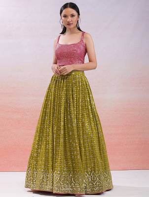  mustard sequins georgette haldi lehenga set choli with dupatta 2