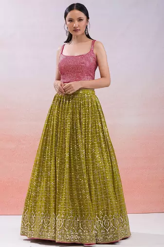  mustard sequins georgette haldi lehenga set choli with dupatta