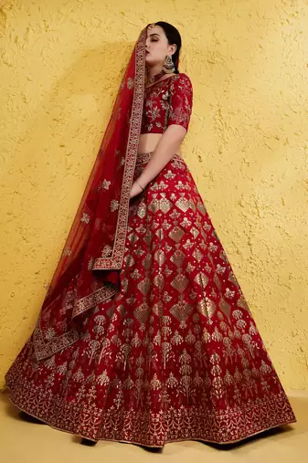 fascinating red embroidered silk bridal lehenga set choli with dupatta with dupatta