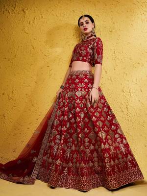 fascinating red embroidered silk bridal lehenga set choli with dupatta with dupatta 3