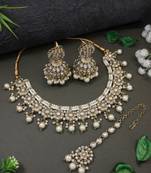 traditional kundan pearl choker necklace with jhumki earrings & maang tikka set 