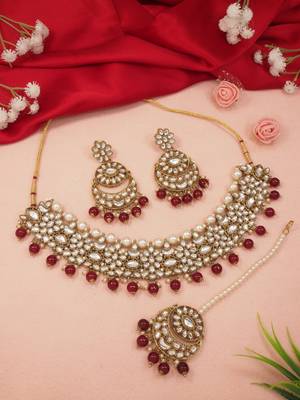 traditional floral kundan pearl choker necklace jewelry earrings & maang tikka set for women/girls  1