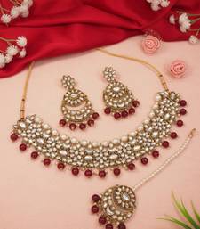 traditional floral kundan pearl choker necklace jewelry earrings & maang tikka set for women/girls 