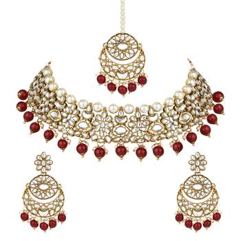 traditional floral kundan pearl choker necklace jewelry earrings & maang tikka set for women/girls  2