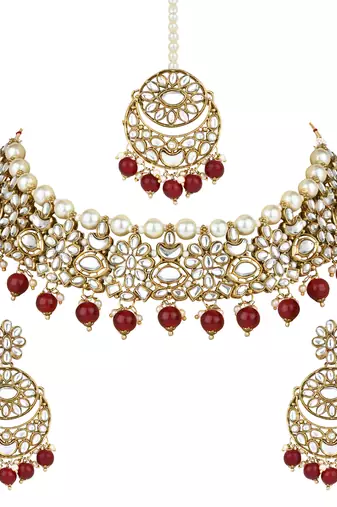 traditional floral kundan pearl choker necklace jewelry earrings & maang tikka set for women/girls 