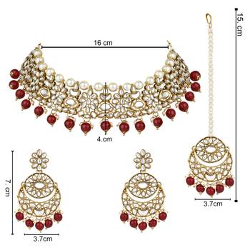 traditional floral kundan pearl choker necklace jewelry earrings & maang tikka set for women/girls  5