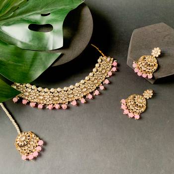 traditional floral kundan pearl choker necklace jewelry earrings & maang tikka set for women/girls  1