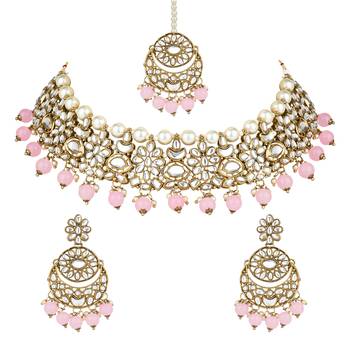 traditional floral kundan pearl choker necklace jewelry earrings & maang tikka set for women/girls  2