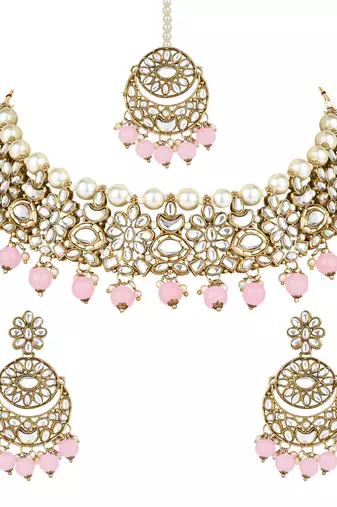 traditional floral kundan pearl choker necklace jewelry earrings & maang tikka set for women/girls 