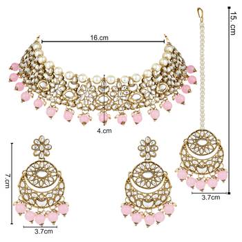 traditional floral kundan pearl choker necklace jewelry earrings & maang tikka set for women/girls  5